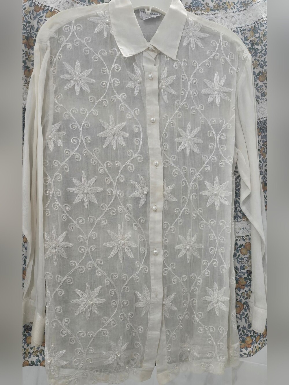 Florissant Ivory Antique Embroidered Button-Down Sheer Pearl Buttons Long Sleeve